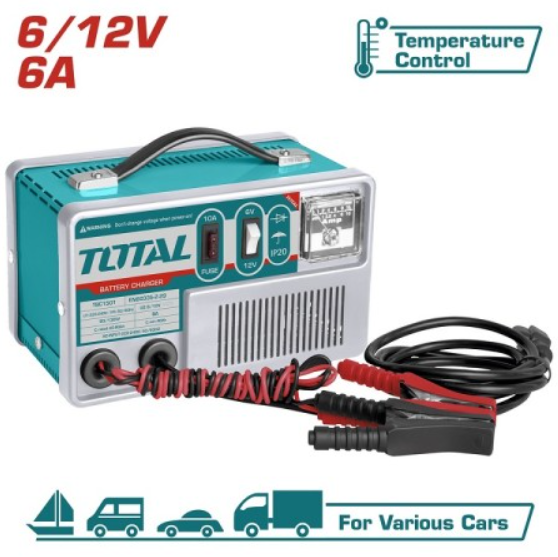 Зарядное устройство автомобильное 6/12В, 6А, 40-90Ач, класс изоляции: H, TOTAL