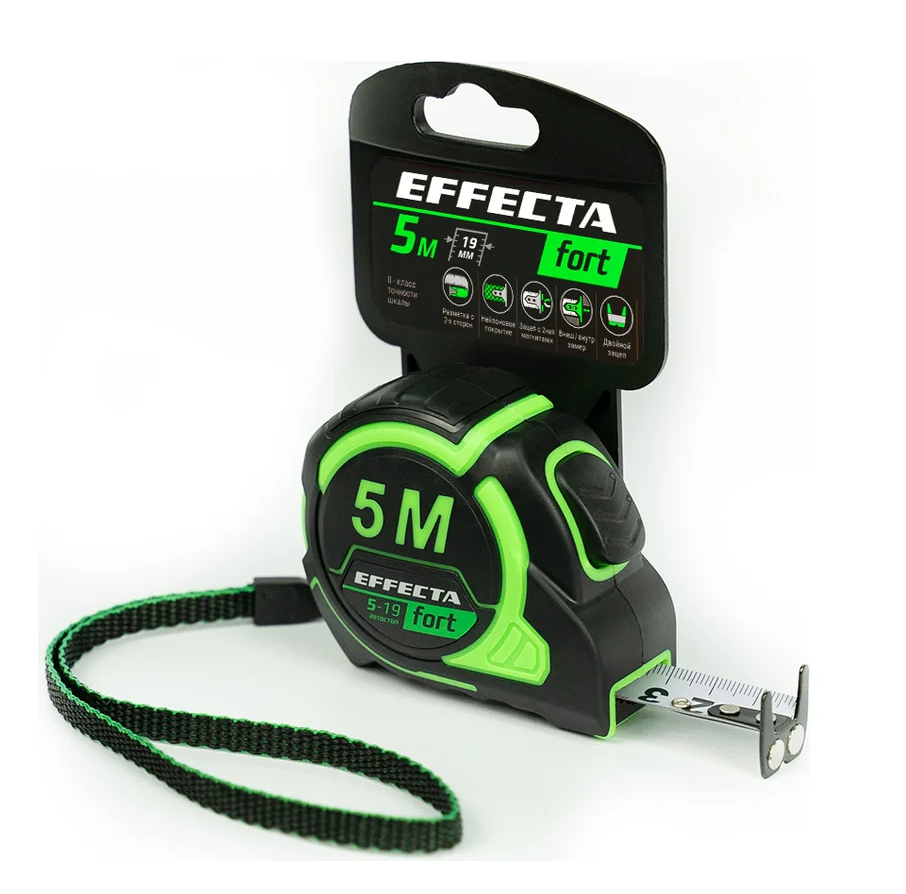 Рулетка 5м*19мм двусторонняя лента, магнит,автостоп.Effecta Fort