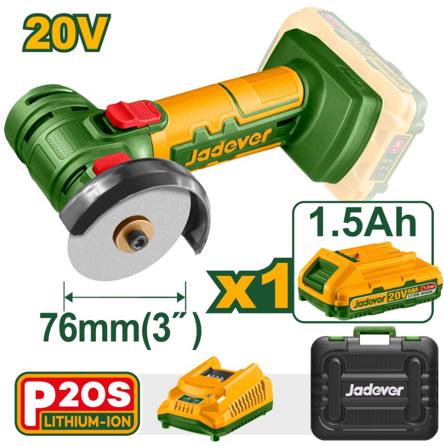 Аккумуляторная мини УШМ, болгарка,Li-Ion 20V, 76 мм, M6 (1 АКБ и ЗУ). JADEVER